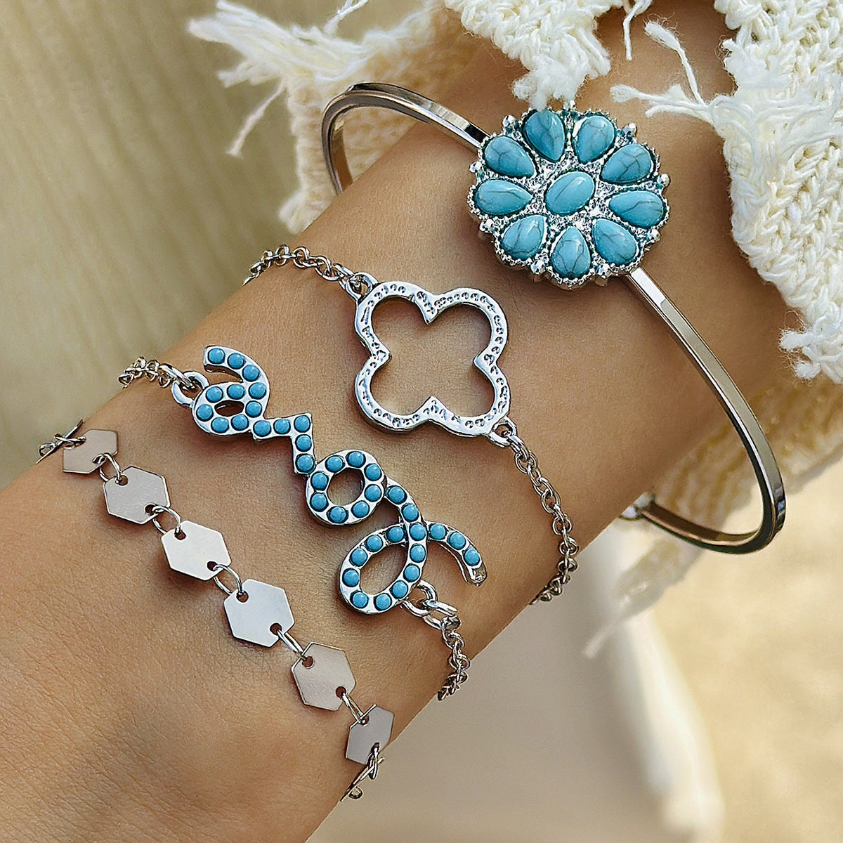 Wholesale Bohemian Set Turquoise Leaf Bracelet Ethnic Bow Flower Turquoise Bracelet suit